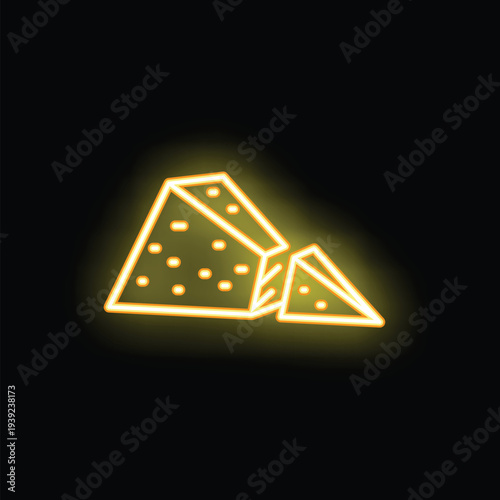 Bright yellow neon sign of cheese wedges glowing on black background
