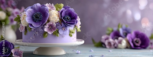 Soft purple cake with sugar blooms in petals of lavender, cream, and deep plum
