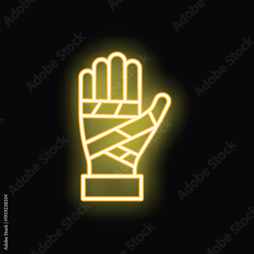 Neon sign of a hand with bandage glowing yellow against a dark background, symbolizing injury, healing or medical care