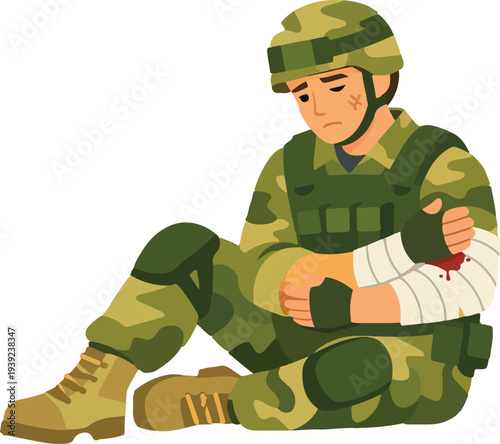 Flat Vector Injured Soldier Sitting Recovery Pose Full Body featuring Wounded Military Personnel in Camouflage Uniform for Army Medical Rehabilitation and Veteran Support Graphic Design