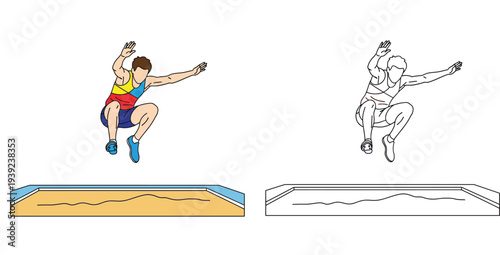 Long jump athlete mid-air over sand pit vector illustration. Colorful and black and white outline versions included for coloring book.