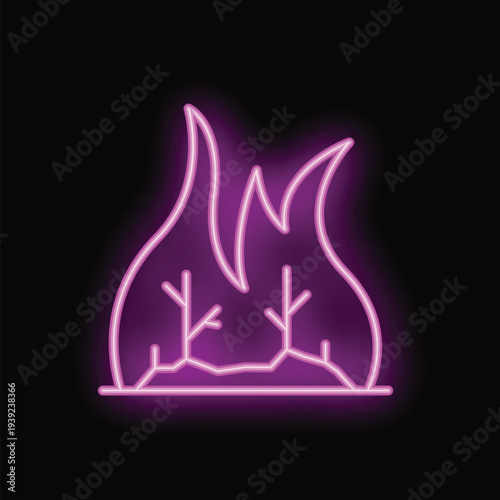 Bright pink neon sign showing burning wildfire flames on black background