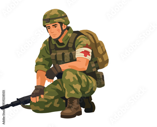 Flat Vector Wounded Soldier Kneeling Pose Full Body featuring Injured Army Personnel in Combat Uniform for Military Medical and Battlefield First Aid Graphic Design