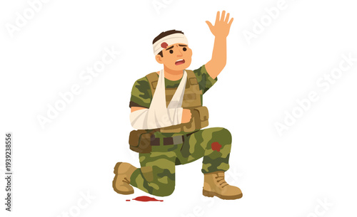 Flat Vector Injured Army Soldier Asking Help Full Body featuring Wounded Military Personnel Seeking Assistance for Combat Medic and First Aid Graphic Design