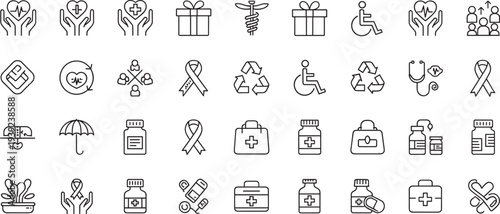 Medical and healthcare line icons featuring medicine bottles, first aid kits, heart care, disability symbols, and cad drawing flat vector illustration.