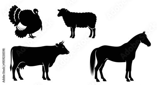 Farm Animals Silhouettes - Turkey, Sheep, Cow, and Horse Icons