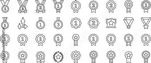 Minimalist Line Art Award Medal Icons Set Featuring Gold Silver Bronze Ribbons Stars and First Place Trophy Badges for Business Success