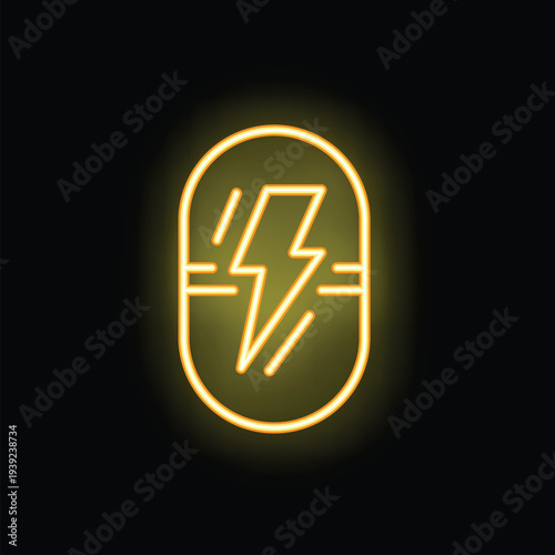 Neon sign illustrating a capsule with a lightning bolt inside, evoking the concept of energy pills