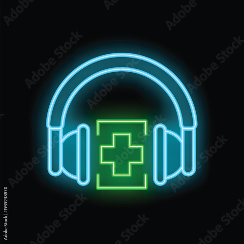 Neon sign depicting headphones with a medical cross, symbolizing concepts like telehealth, online therapy, and remote medical assistance