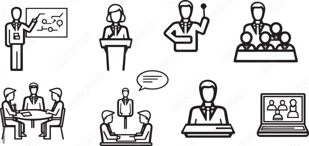 Obraz premium Title: a set of eight black and white line representing various business activities including a person presenting, speaking, networking, and using a computer