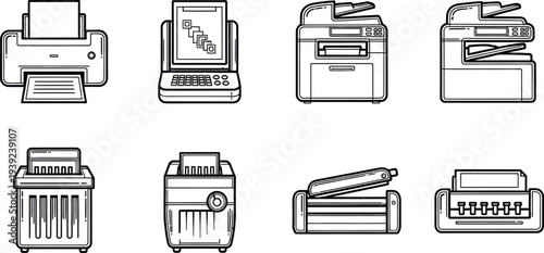 Variety of office copiers and printers in different configurations