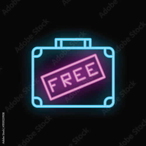 Neon suitcase with the word free glowing on it, symbolizing free travel and tourism opportunities