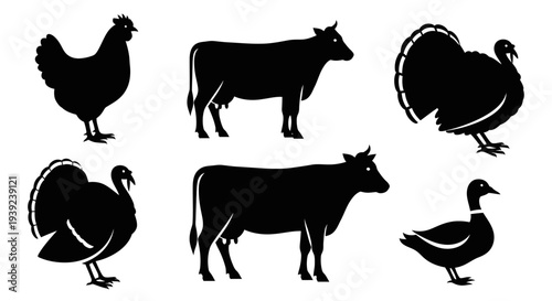 Farm Animals Silhouettes Collection: Chicken, Cow, Turkey, Duck Livestock Icons Set