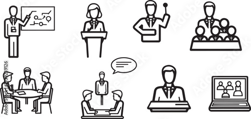 Title: a set of eight black and white line representing various business activities including a person presenting, speaking, networking, and using a computer