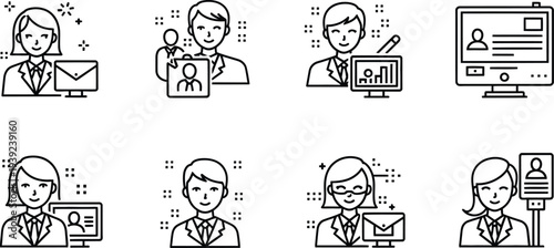 A series of eight black and white line drawings depicting business professionals interacting with technology