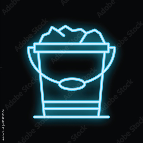 Neon style icon of metal bucket filled with coal representing mining industry