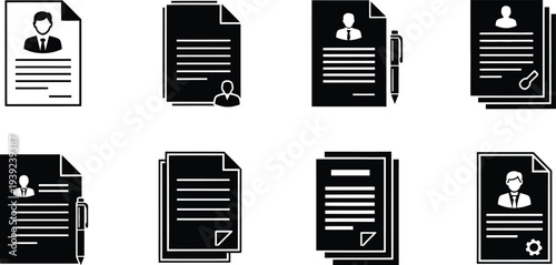 Collection of black and white resume or cv document icons