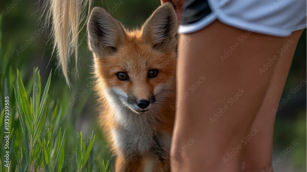 Fototapeta premium Curious fox peers from tall green grass