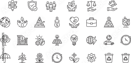 Sustainability and environmental line icons featuring green energy, solar panels, recycling, nature protection, and cad drawing flat vector illustration set.