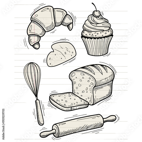 Hand drawn sketch set featuring baked goods and essential kitchen tools
