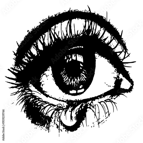 Close-up of a crying eye, tear falling, sadness and sorrow, emotional expression. eye, crying, tear, sadness, sorrow, emotional, pain, close-up, human, face, expression, illustration, black, white