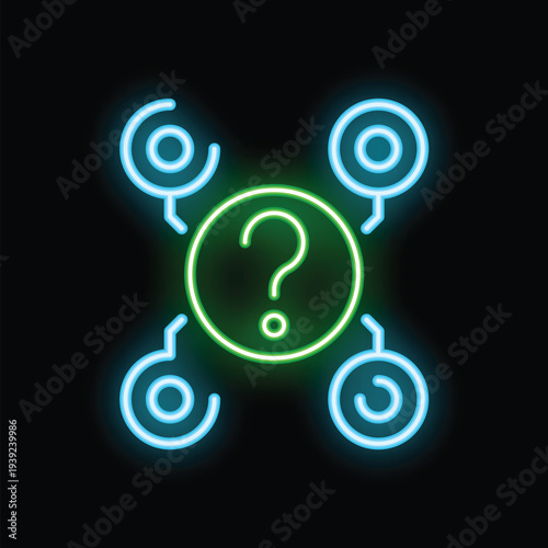Neon sign depicting a green question mark surrounded by blue circles connected with lines, representing a network of questions and answers