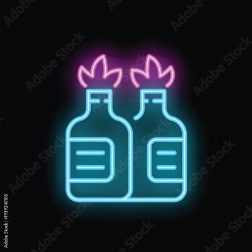 Two molotov cocktails are burning with pink flames in a blue and pink neon sign style