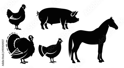 Farm Animals Silhouettes Collection: Chicken, Pig, Turkey, and Horse Icons