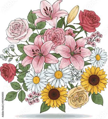 Create a realistic image decorated with flowers vector art with white background.