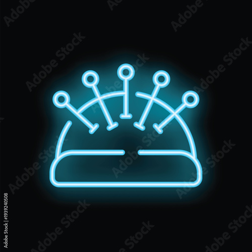 Blue neon sign of a pincushion with pins sticking out of it on a black background