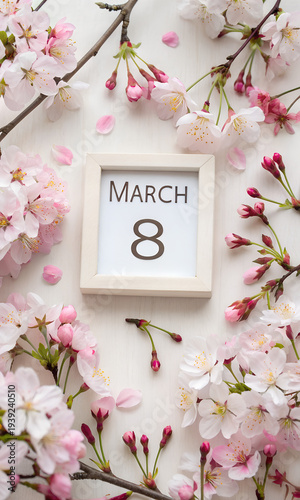 Top view composition with cherry blossoms and March 8 date for Women's Day concept