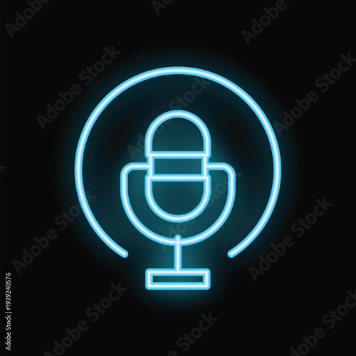 Blue neon sign of a microphone glowing on a black background