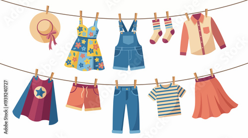 An illustration capturing a variety of colorful garments hanging on a clothesline, reflecting warmth and the joys of everyday life, perfect for fashion themes.