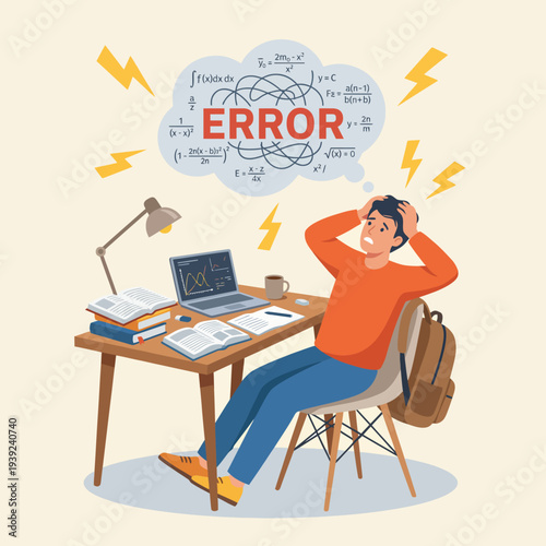 This illustration captures a stressed student holding their head in despair over complex math equations, representing the pressures of academic challenges and learning difficulties.