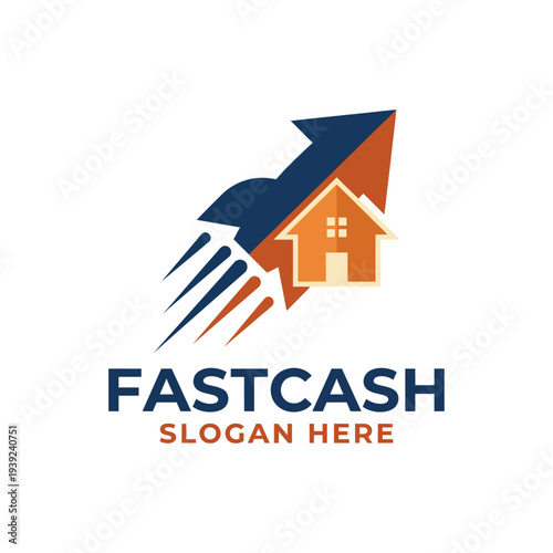 A dynamic logo design featuring a house and upward arrow, symbolizing fast transaction services in real estate, conveying reliability and efficiency in property deals.