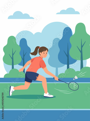 A young girl is energetically playing badminton on a vibrant tennis court surrounded by lush green trees and a bright blue sky, showcasing her athleticism and focus.