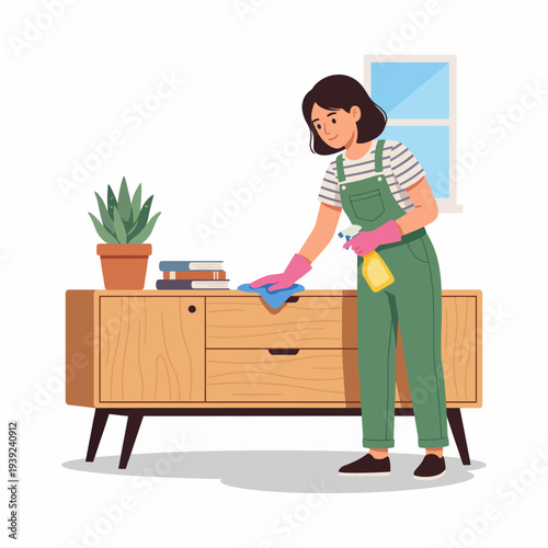 A woman diligently cleans a stylish wooden furniture piece in a sunlit room, conveying themes of tidiness, care, and the importance of maintaining a harmonious living space.