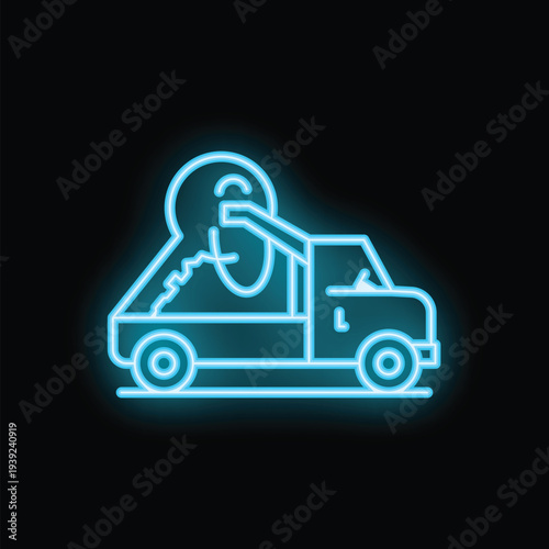 Vibrant blue neon icon depicting a tow truck carrying a broken car, conveying the concept of vehicle recovery and roadside assistance