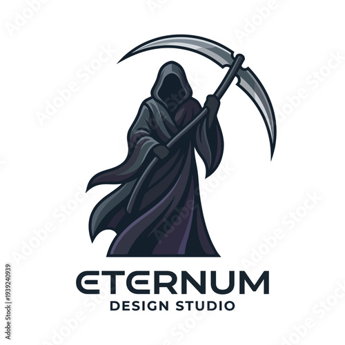 An imposing figure of death with a scythe creates a memorable logo design, invoking themes of mystery, inevitability, and artistry in dark graphic design.