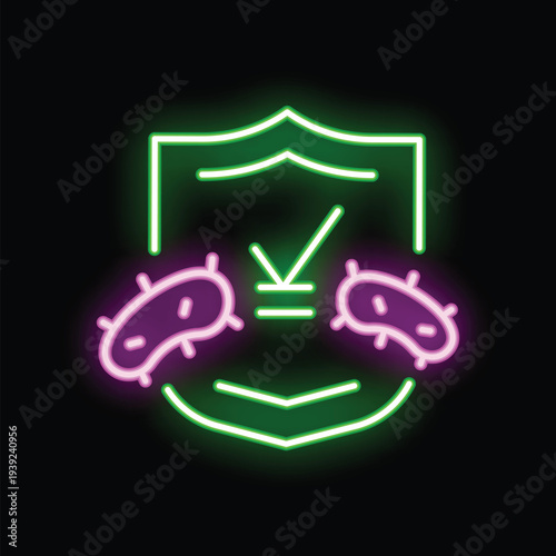 Neon icon of antibacterial protection, with a green shield stopping two purple bacteria