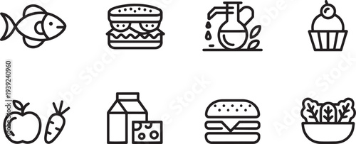 Title: a set of nine black and white illustrating different food such as fish, sandwich, olive oil, cupcake, apple with carrots, milk carton, cheese