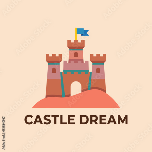 A whimsical illustration of a sandcastle, evoking childhood dreams and imagination, perfect for creative projects focused on nostalgia and childhood fantasies.