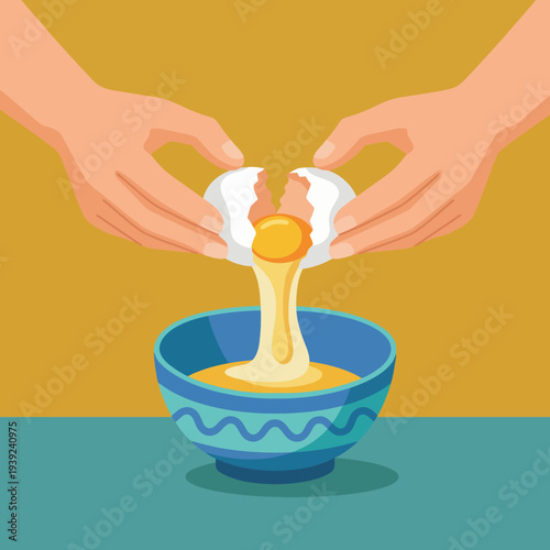 An engaging depiction of hands cracking an egg into a bowl, symbolizing culinary creativity and the essence of cooking in a vibrant kitchen environment.