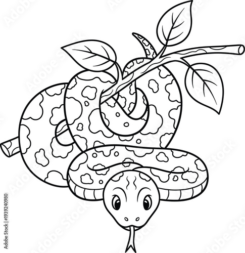 Smiling boa character hanging on a tree branch. Vector coloring book page. Cute snake illustration isolated on a white background