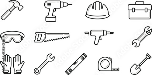 Create a realistic Minimalist line icon set of construction tools including hammer, drill, hard hat, toolbox, safety gear, saw, gloves, and more. Perfect for web, UI, and print use. vector art .