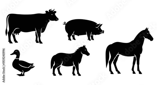 Farm Animals Silhouettes Collection: Cow, Pig, Duck, and Horses in Black and White Graphic Style