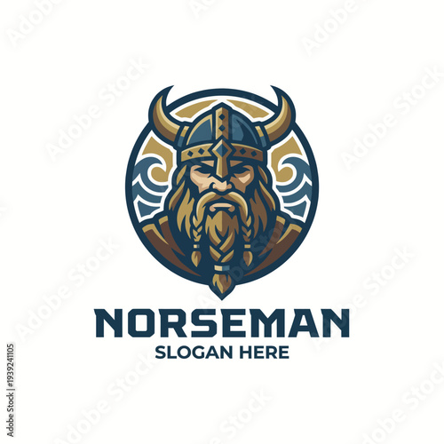 This emblem features a Viking warrior with a distinctive helmet and beard, embodying strength and bravery, ideal for brands wanting to convey a fierce and adventurous spirit.