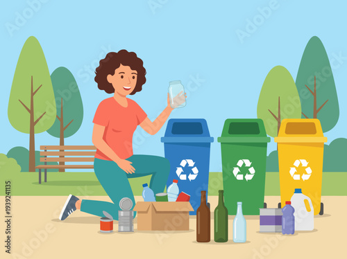 A cheerful individual actively engages in sorting recyclables while surrounded by a vibrant park, showcasing the importance of recycling for the environment.