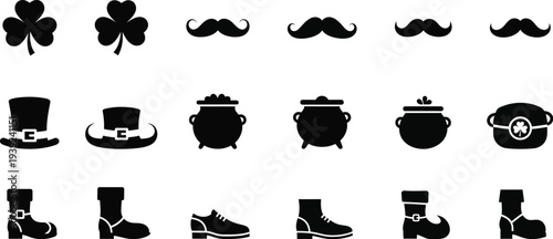 St patrick's day vector bundle clovers mustaches hats pots and boots icons