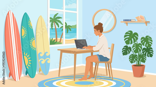 A focused young woman works on her laptop in a creatively designed beachside office, symbolizing the blend of productivity and a relaxed coastal lifestyle.
